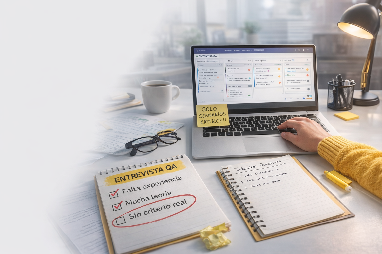 Un bicho entre corchetes, manos trabajando en una laptop, un café y un celular